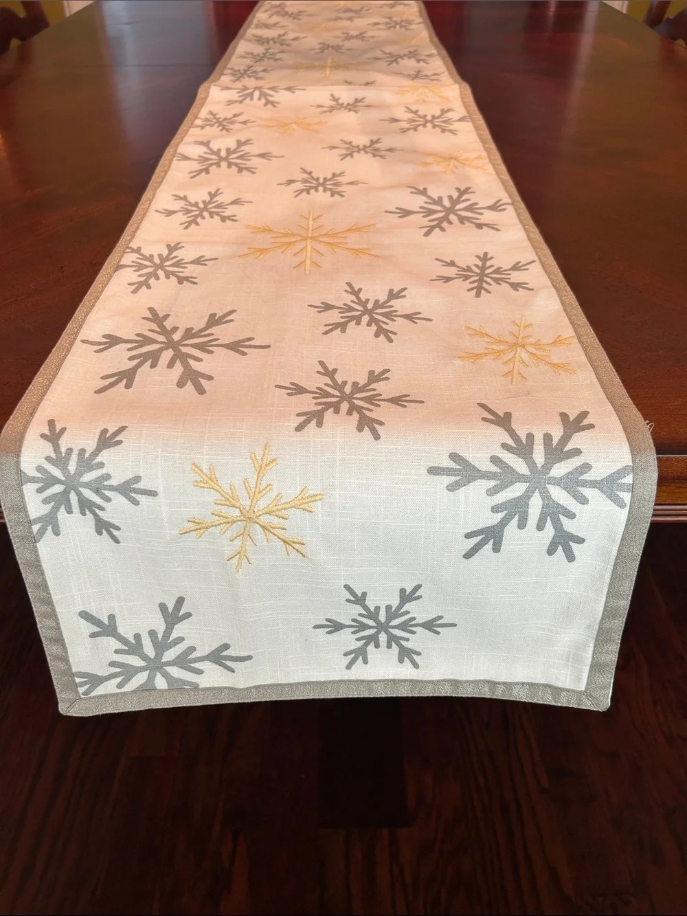 White Table Runner with Gray and Gold Snowflakes and gray Trim 14”x70”